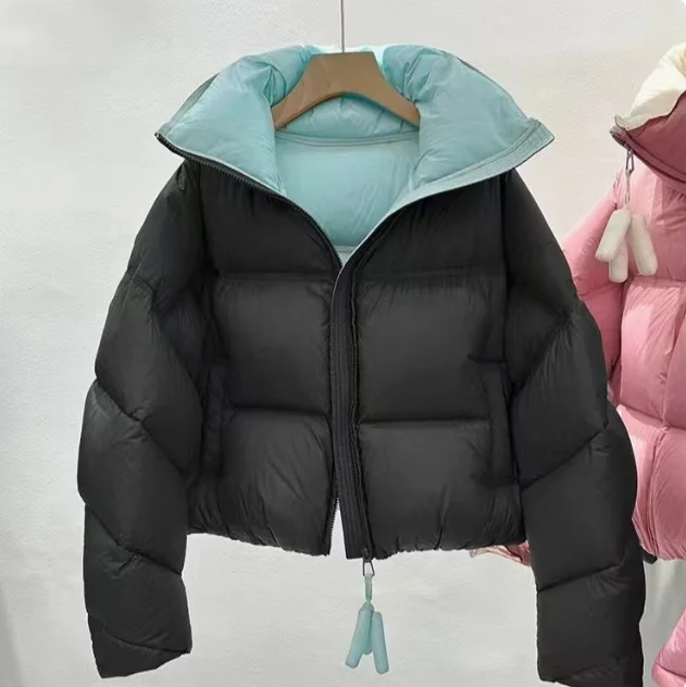 Senhoras gola para baixo jaqueta de algodão curto 2024 inverno novo estilo coreano cor-bloco solto puffer casaco quente outerwear