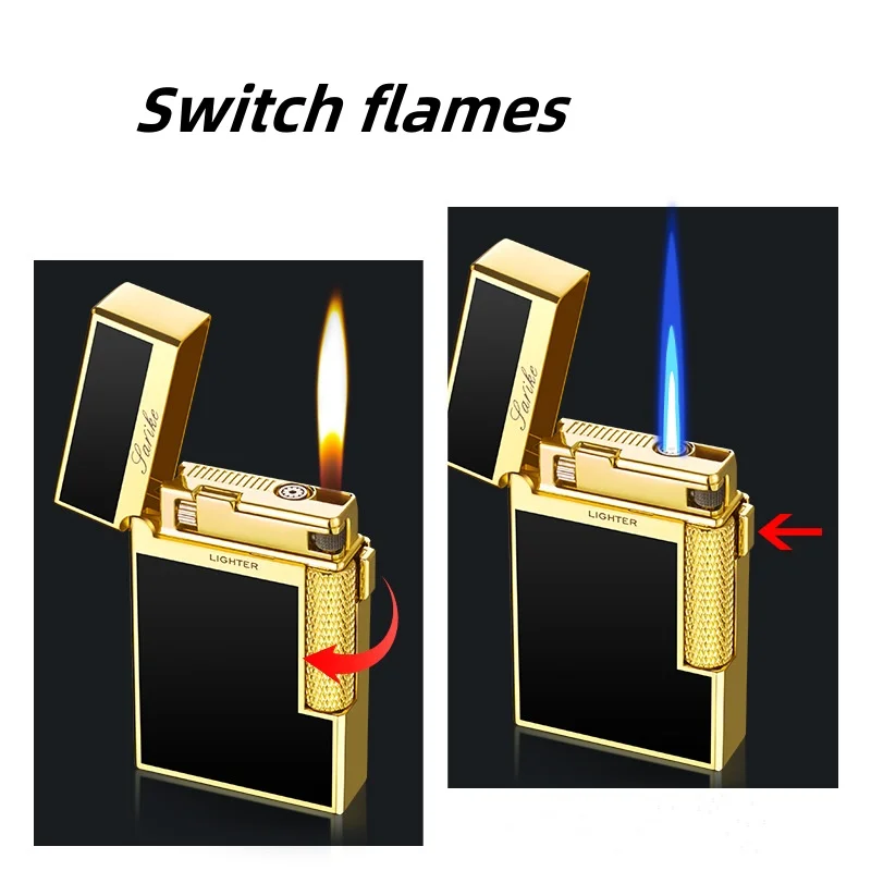 New Metal Windproof Double Flame Switching Butane Gas Lighter Retro Crisp Sound Sideslip Grinding Wheel Men\'s Gift Lighter