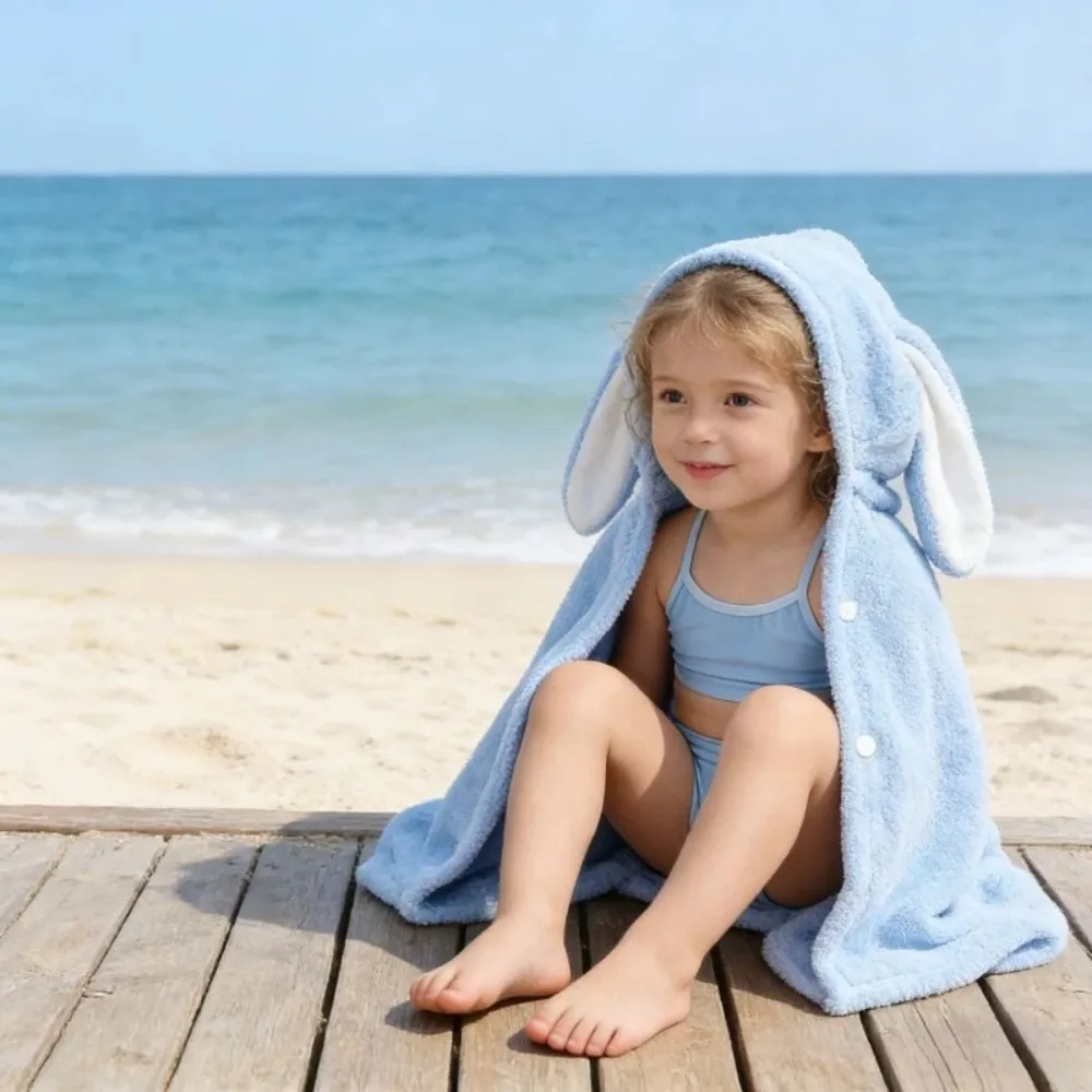 Childrens Bathrobe Hooded Towel Cape Thick Coral Fleece Absorbent Wearable for Baby