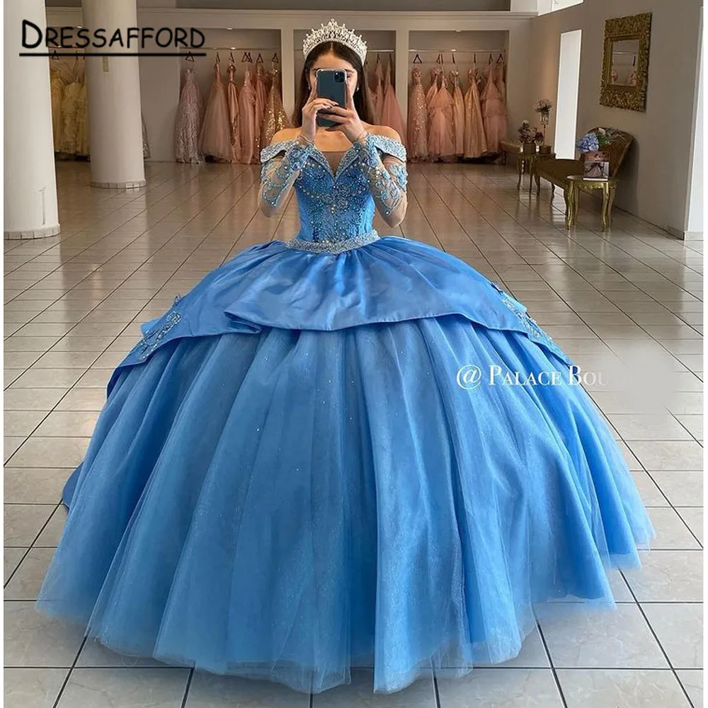 Cintura di cristallo a maniche lunghe blu cielo abito Quinceanera abito da ballo con spalle scoperte Appliques a strati corsetto di perline Vestido De 15 Anos