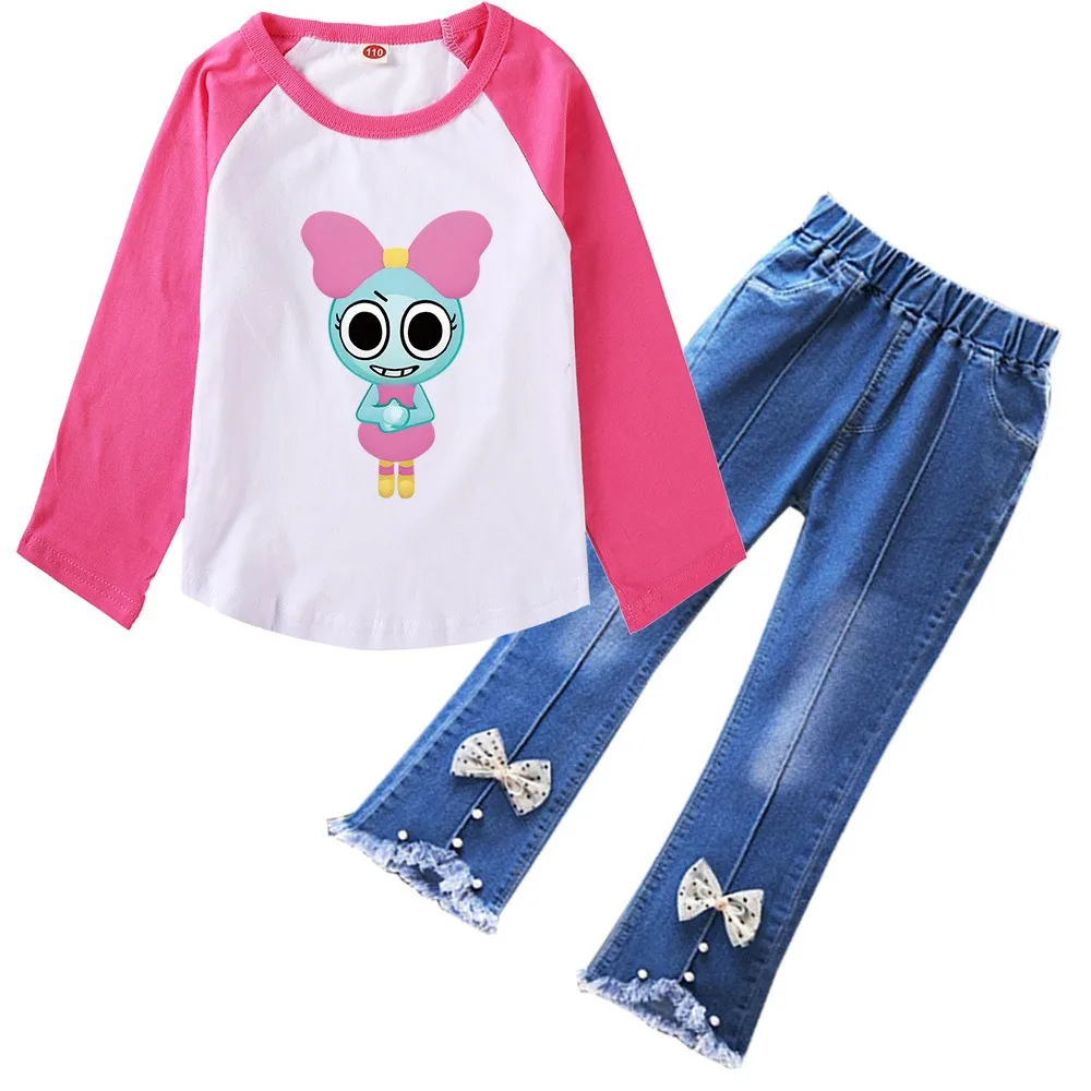 Dandys World T Shirt Kids Game Dandy's World T-shirt Baby Girls Fall Long Sleeve Tops Jeans 2pcs Sets Children Cartoon Tracksuit