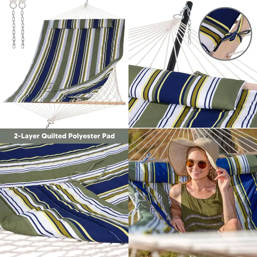 أرجوحة مزدوجة من حبل القطن للاستخدام الخارجي مع وسادة بوليستر، أزرق وأكوا، وشملت شريط توزيع الخشب الصلب، مثالية للاسترخاء وC