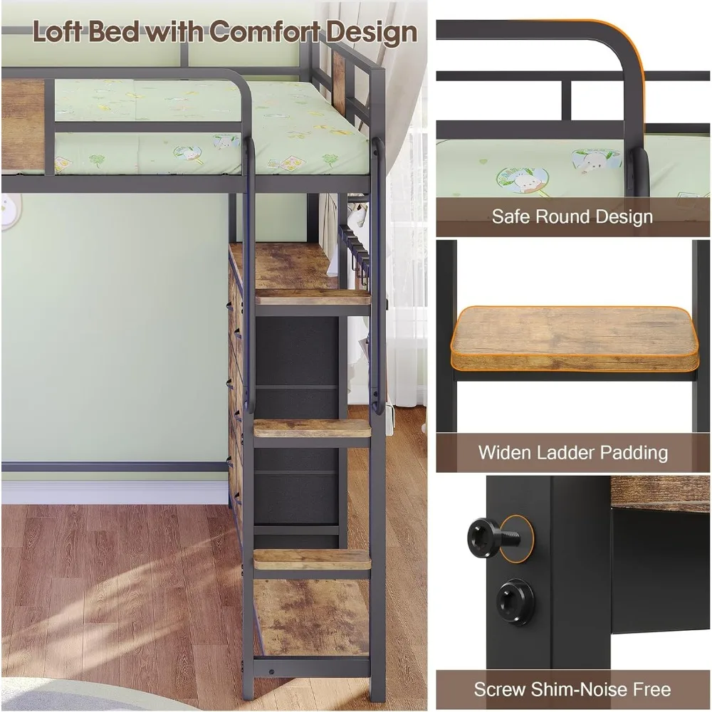 سرير علوي مع مكتب بالحجم الكامل، إطار سرير كامل الحجم مع 6 أدراج تخزين، 2 منظم بجانب السرير، 6 خطافات متحركة، أضواء LED وشحن