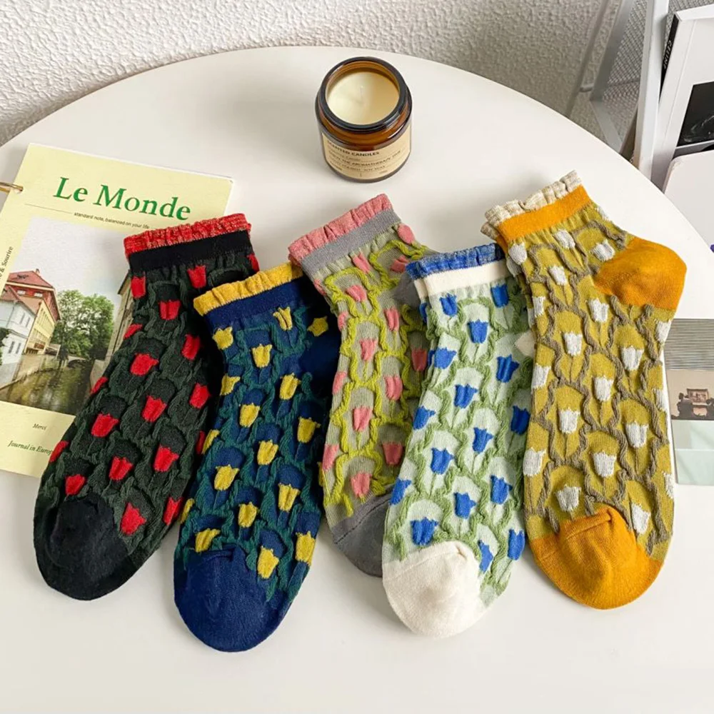 5 Pairs/Lot Korean Style Women Socks Short Fashion Frilly Ruffle Socks Cute Flower Print Sokken Spring Summer New Calcetines