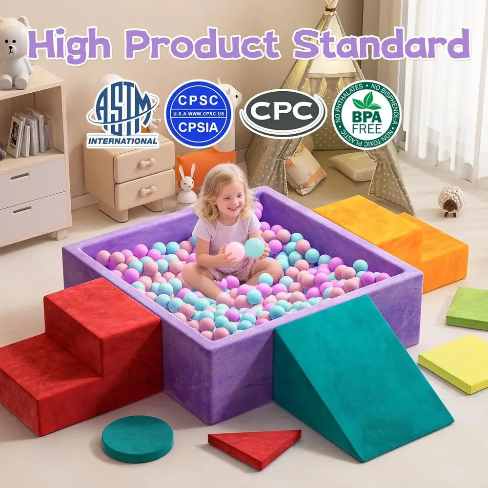 Morbidi blocchi da arrampicata per bambini con pozzo per palline, set in schiuma da 8 pezzi per età 1-3, gioco al coperto con forme e rampa