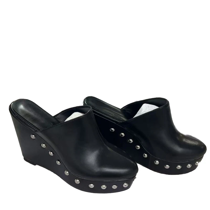 

DIZHUANG Модные женские туфли на высоком каблуке. Черные кожаные тапочки. Высота каблука около 12 см. Шлепанцы на платформе. РАЗМЕР:34-46