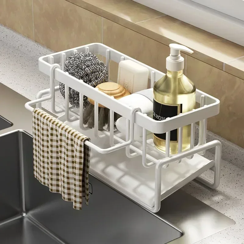 Space Saving Kitchen Sink Dish Rack Sponge Holder Water Drain Basket Countertop Storage Organizer for Cleaning Supplies Holders