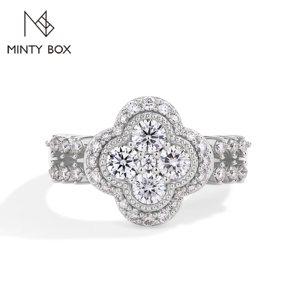 

MINTYBOX Moissanite 18k White Gold Plated Diamond Ring For Women S925 Sterling Silver Engagement Wedding Fine Jewelry Four-Leaf