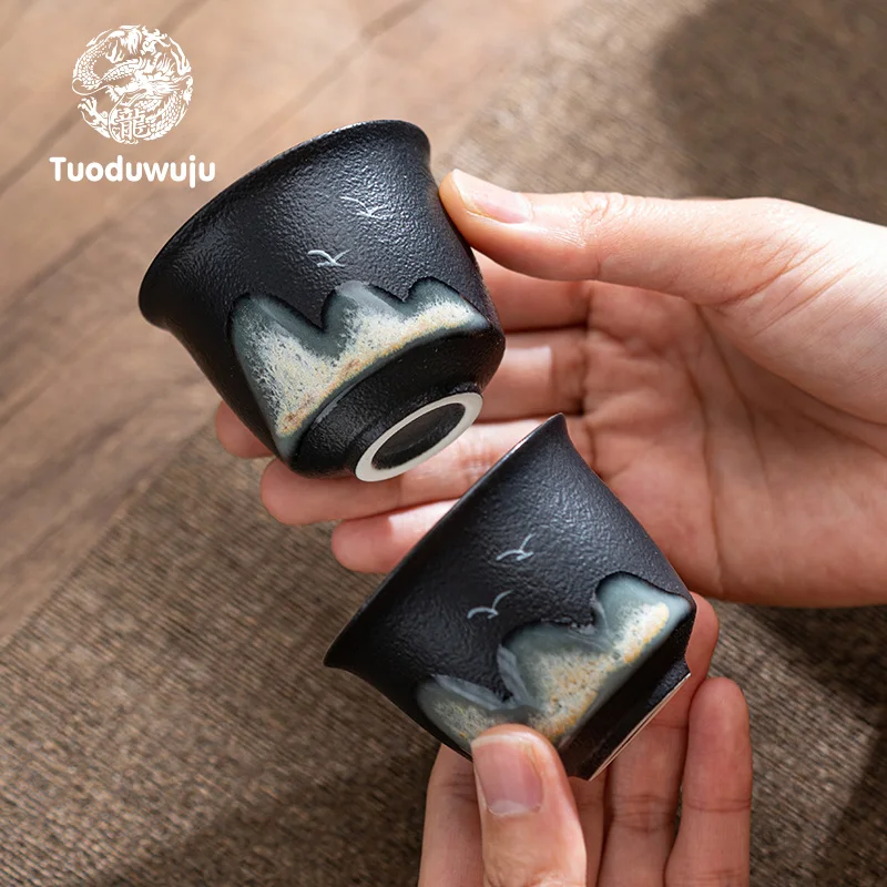 Jingdezhen-Black Pottery Landscape Tea Cup Creative Ceramic Master Cup, Frosted Kung Fu Tea Bowl, Small Tea Bowl, XH164