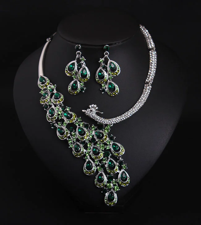 Ruby peacock necklace and earrings set. High-quality waterproof jewelry. Gift for your wife.