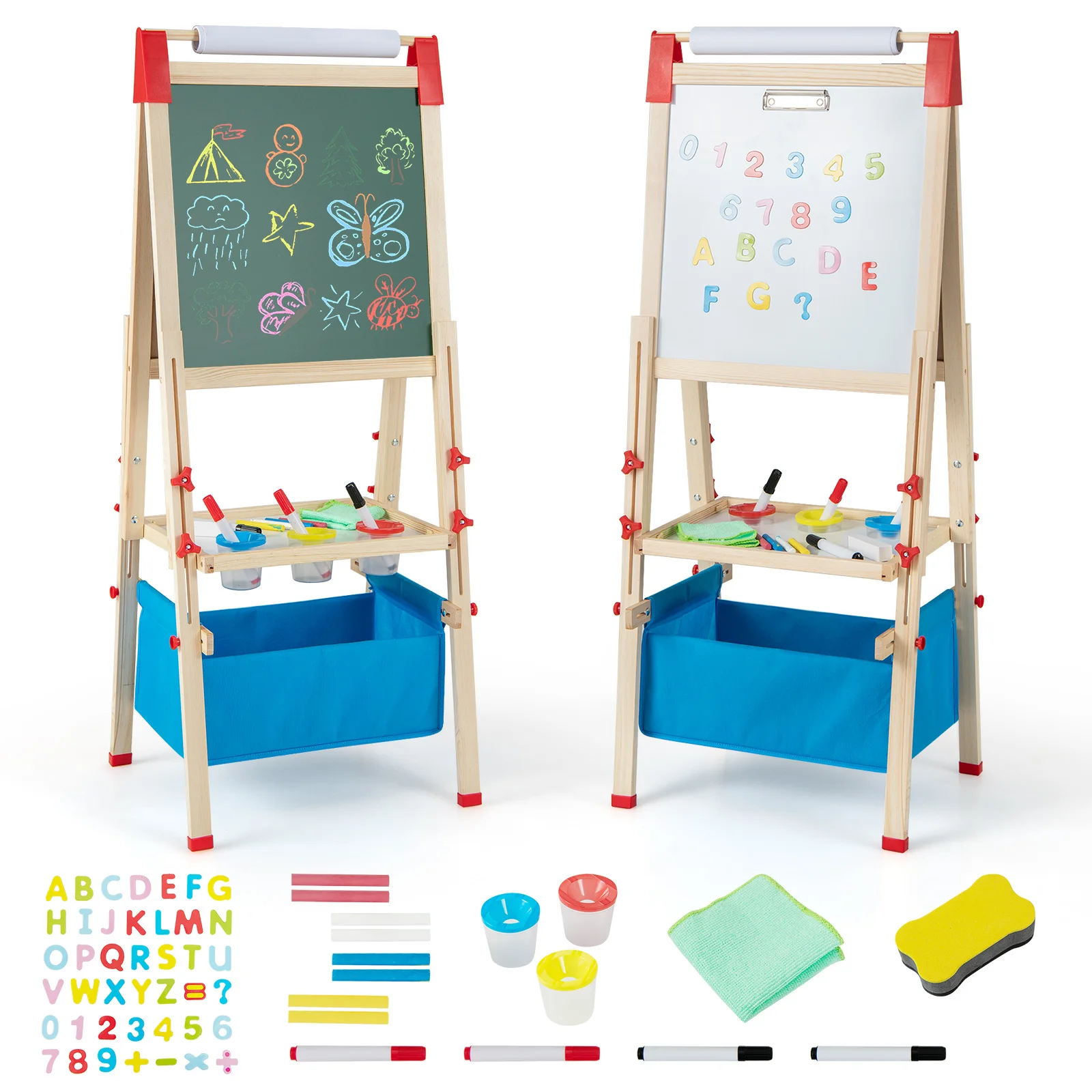 3-in-1 Kids Art Easel Double-Sided Wooden Adjustable Magnetic Drawing Board