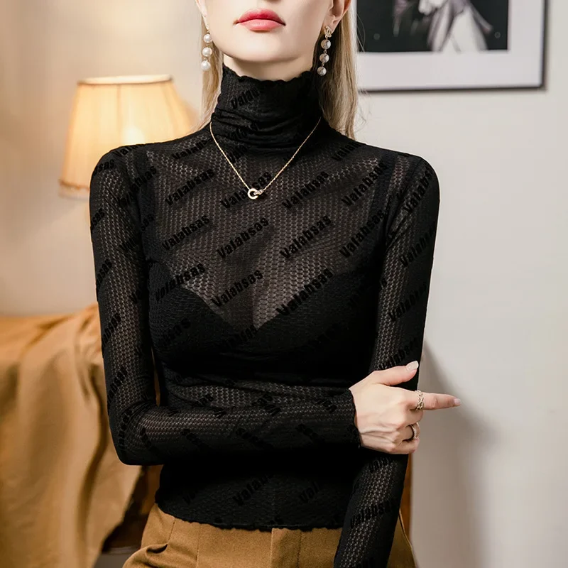 # 4263 Maglietta dolcevita nera da donna Lettere elastiche sottili Vedi attraverso la maglietta da donna Maglietta skinny sexy da donna Primavera Autunno