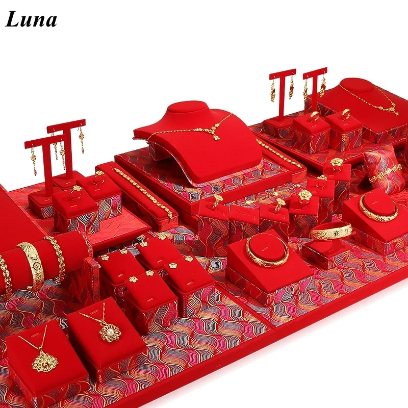 Red Leather Jewelry Display Stand, 6-Slot Ring Holder Box with Necklace Bracelet Pillow for Store Counter Showcase