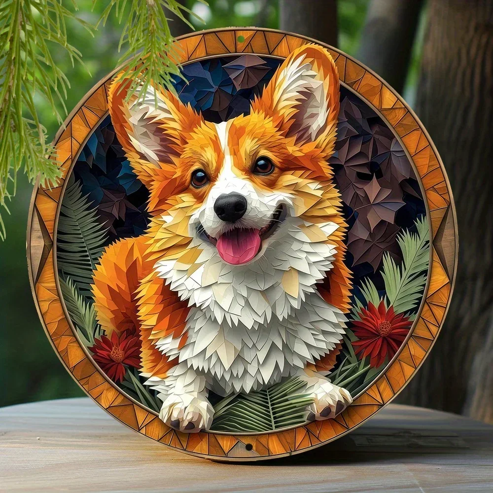 Aluminum Metal Sign Corgi Theme Decoration Faux Origami Window Decorations Round Wreath  Apartment Decoration Father's Day Gifts