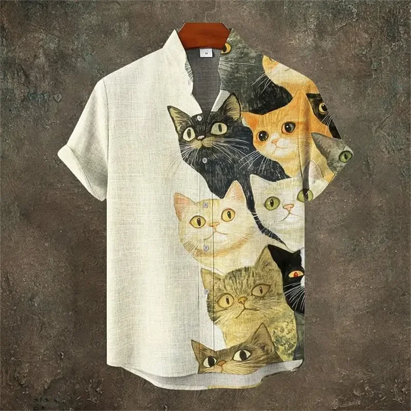 Men's new comfortable linen short sleeved shirt 3D cat print lotus leaf pattern button short sleeved top