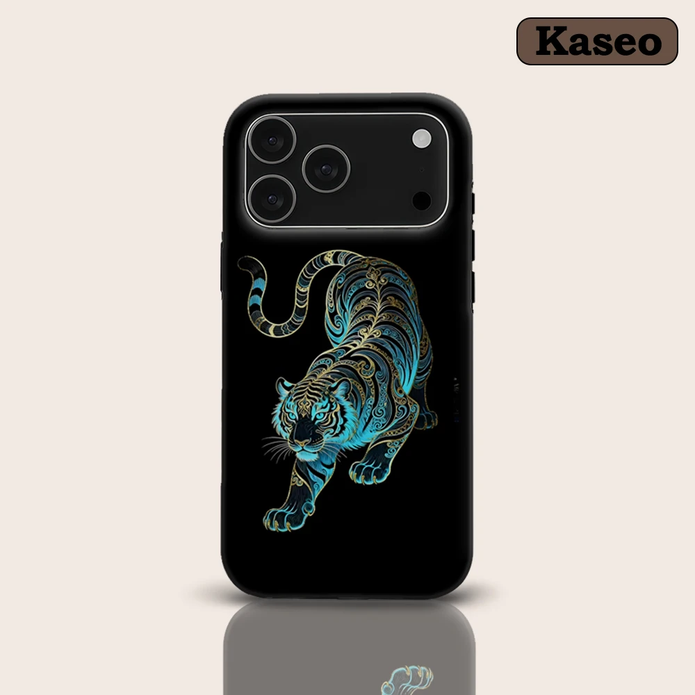 Coque antichoc KASEO Matte Bumper pour iPhone 17 16 15 14 Plus 13 Pro Max compatible MagSafe, en PC rigide, motif Tigre Cyan & Or