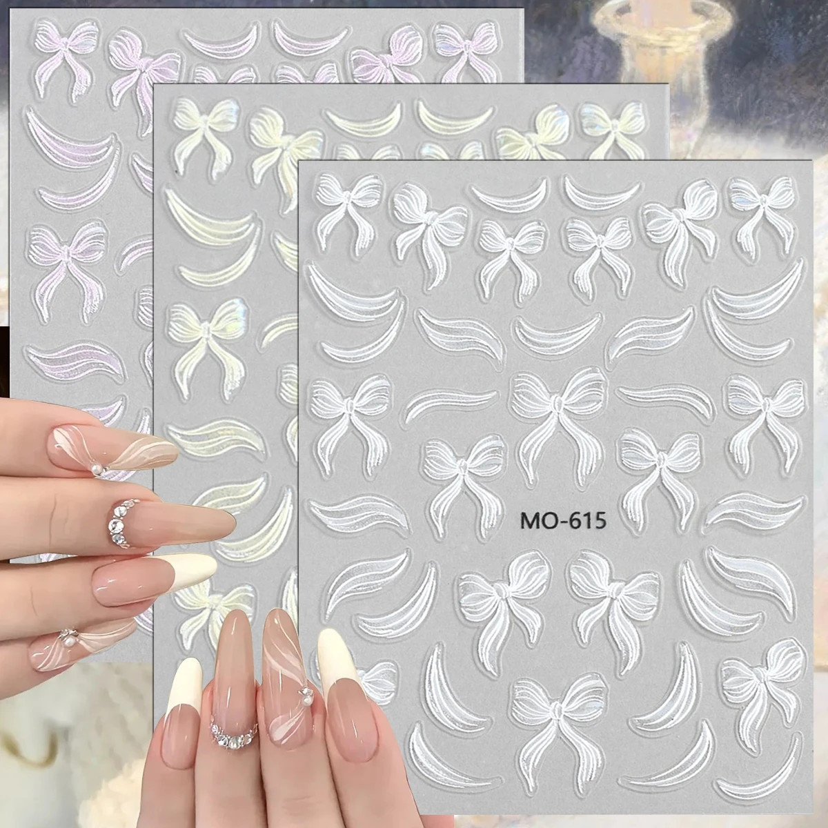 3 to 12 Sheets 5D Aurora Bow Ribbon Nail Stickers White Self