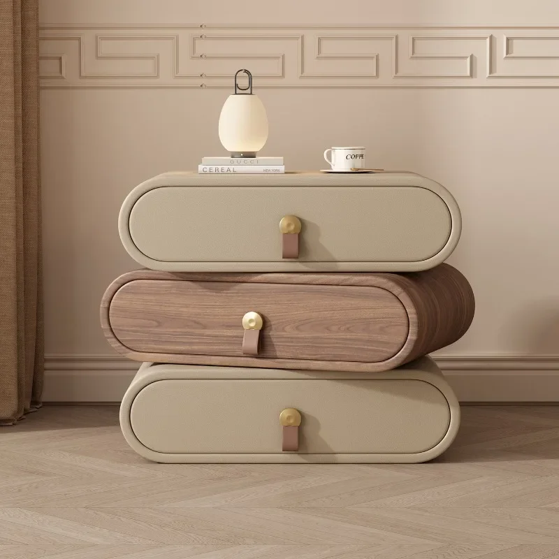 

Solid wood bedside table three-layer rotatable Italian minimalist medieval cream wind large size bedroom locker