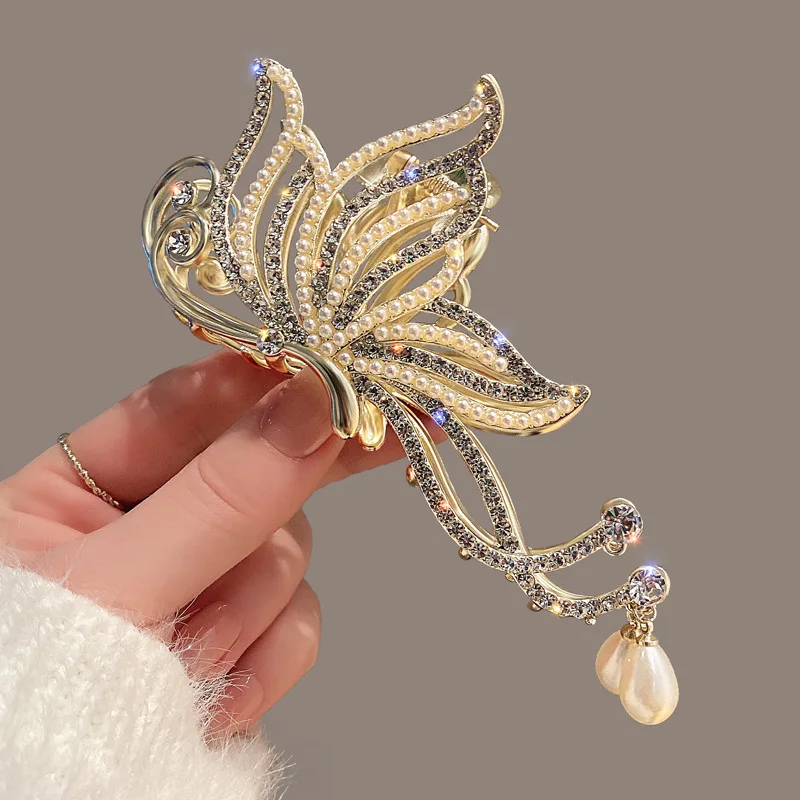 VANIKA Fashion Butterfly Hair Claw Rhinestone Pearls Hair Clips For Women And Girl Ponytail Claw Clip Hair Accessories Gifts