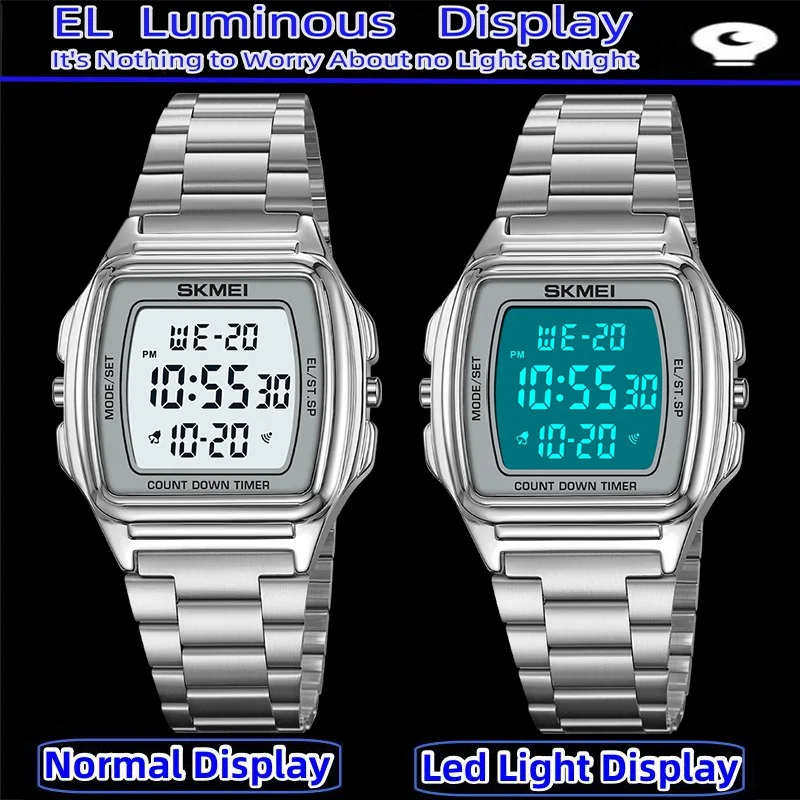 Skmei Luxusmarke, wasserdichte Digitaluhren, 24-Stunden-Anzeige, LED-Licht, Chronograph, modisches Edelstahlarmband, Dualzeit