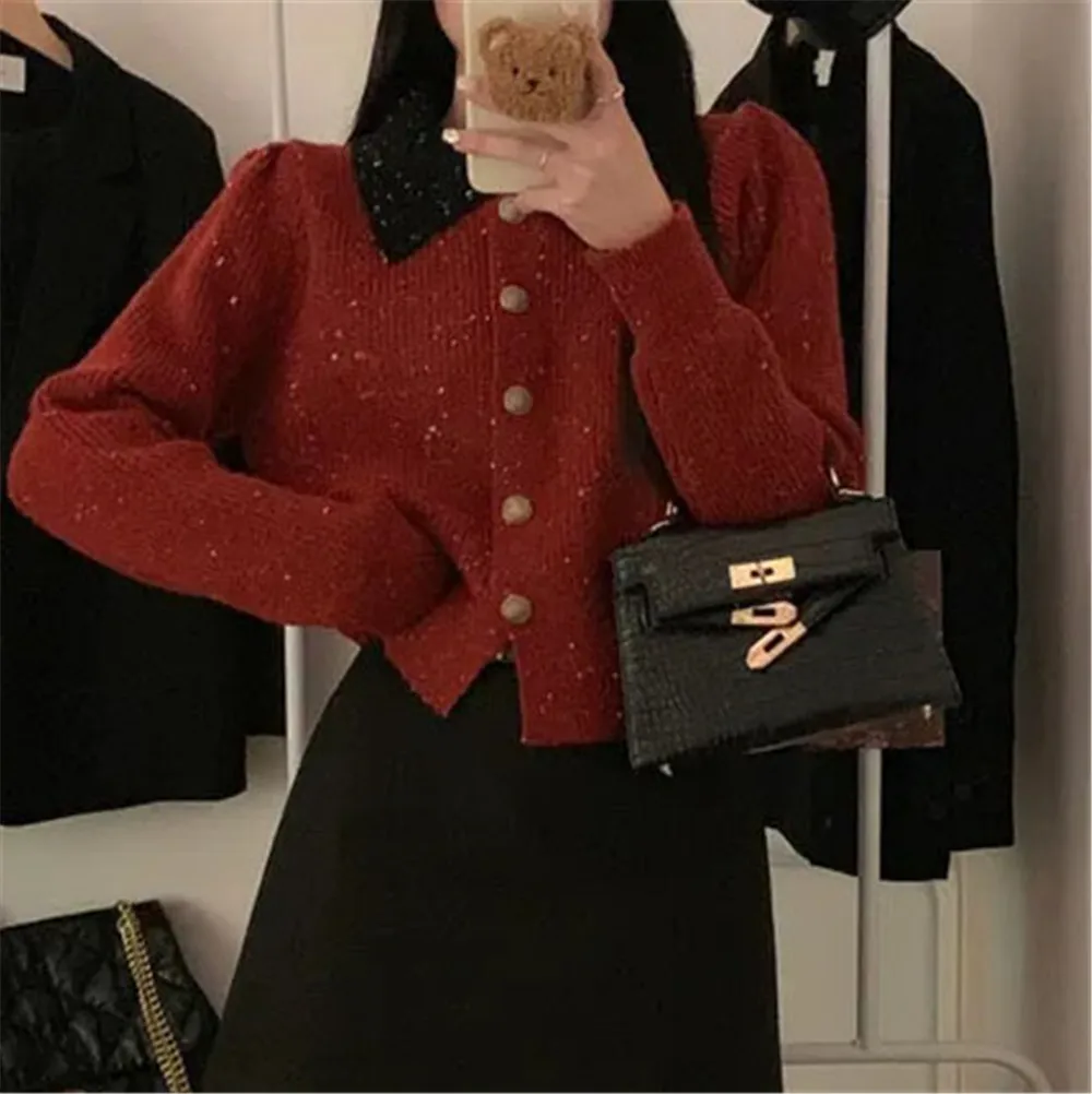 

Retro Contrast Color Doll Collar Sweater Outerwear Women Cardigan French 2024 Chic Age-Reducing Puff Sleeve Small Knitted Top