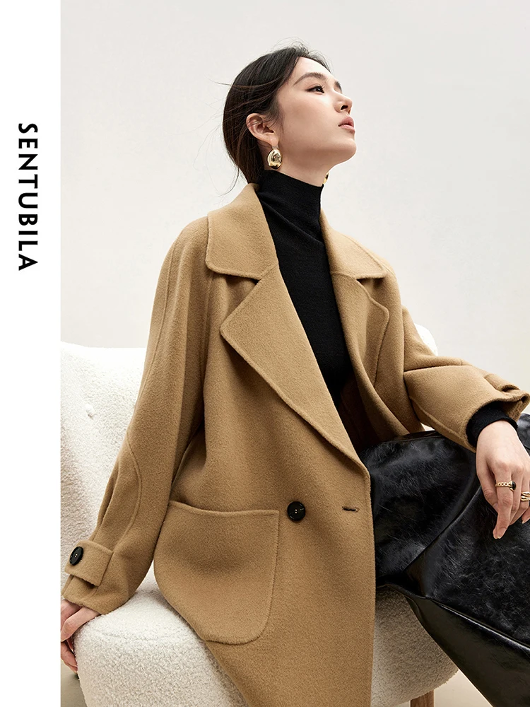 SENTUBILA Texture 100% Woolen Coat Jackets for Women 2024 Winter Fashion Solid Big Pockets Mid-length Warm Coats W44O56016