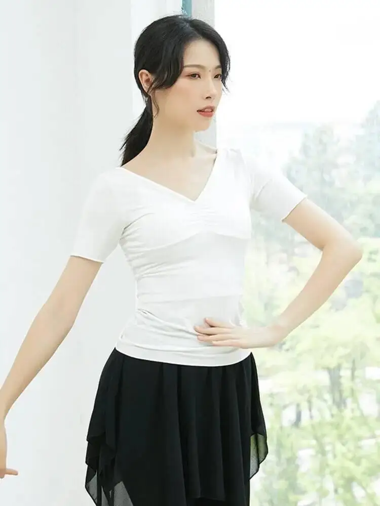 Solid Color V Neck Drawstring Slim Fit Dance Top Women Classical Dance Performance Practice Stage Costume Elegant Training Shirt