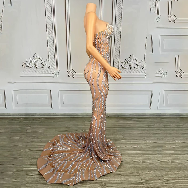 이브닝 드레스 여성 전체 다이아몬드 스트랩 트레일링 드레스 나이트 클럽 바 Dj 공연 무대 의상 드래그 퀸 옷 DN20937