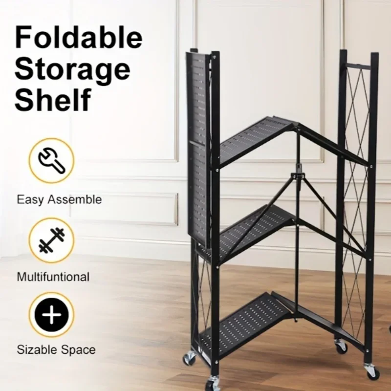 

Mobile Folding Storage Rack Kitchen Installation Free High Load Bearing Multi Storage Heavy Duty Metal Painted Grocery Rack