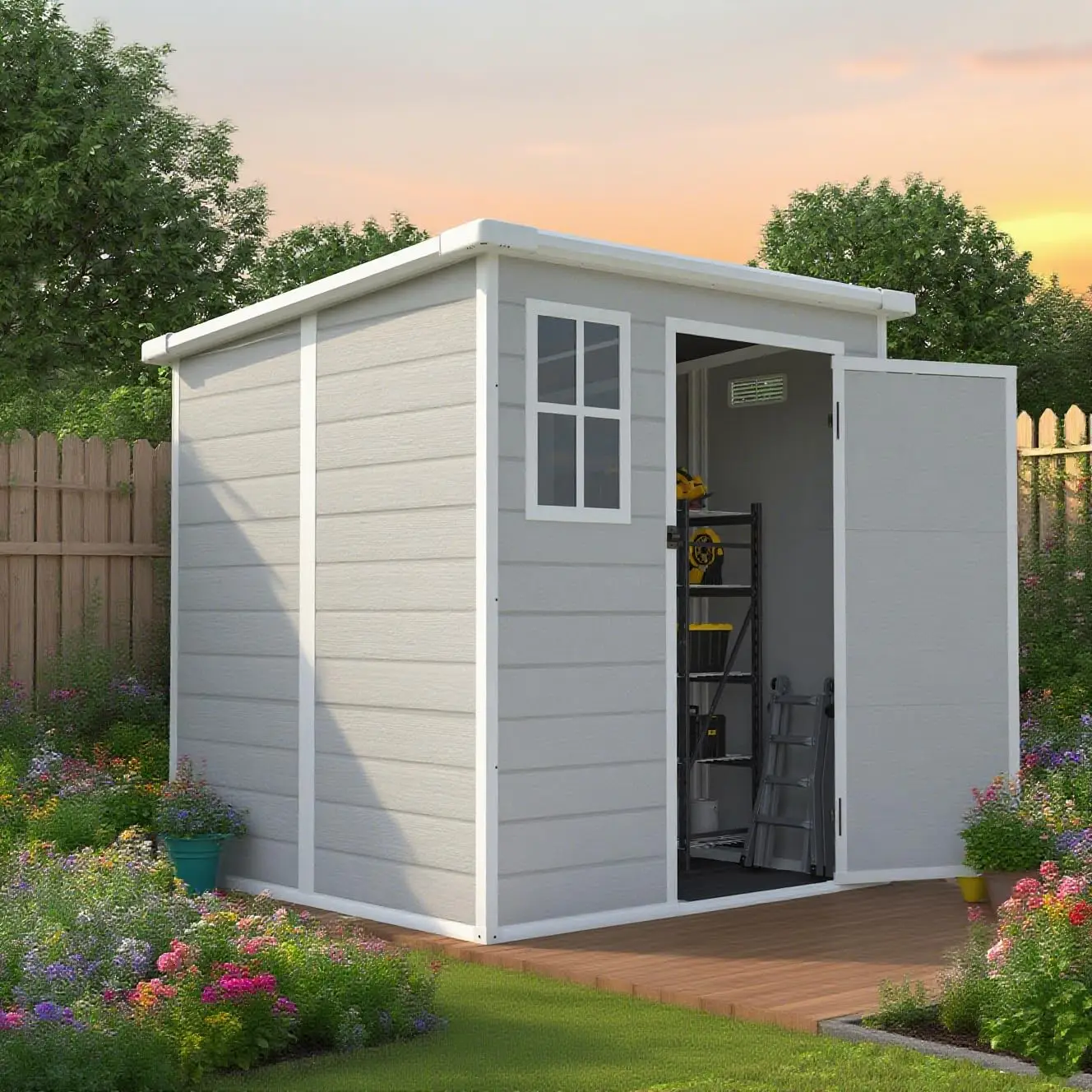 

Сарай для хранения на открытом воздухе 6x6 футов, пластиковый, с окном в полу, запираемой дверью и вентиляцией, всепогодный, из полимерного композита, для сада и двора, на заказ