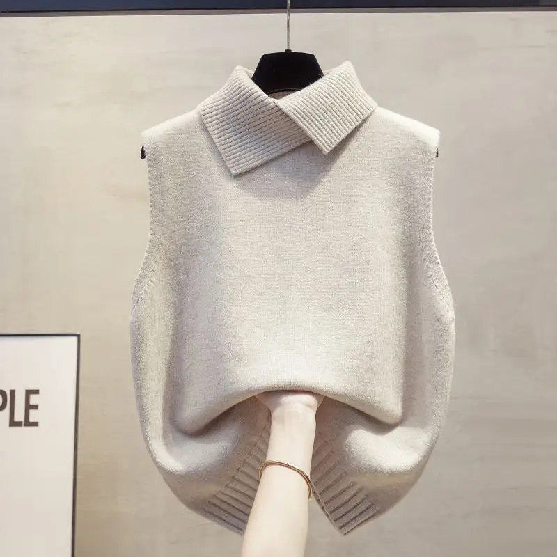 Turn-down Collar Sleeveless Loose Knit Vests Korea Chic Simple New Moda Western Style Jackets Trendy Slim Minority Mujer