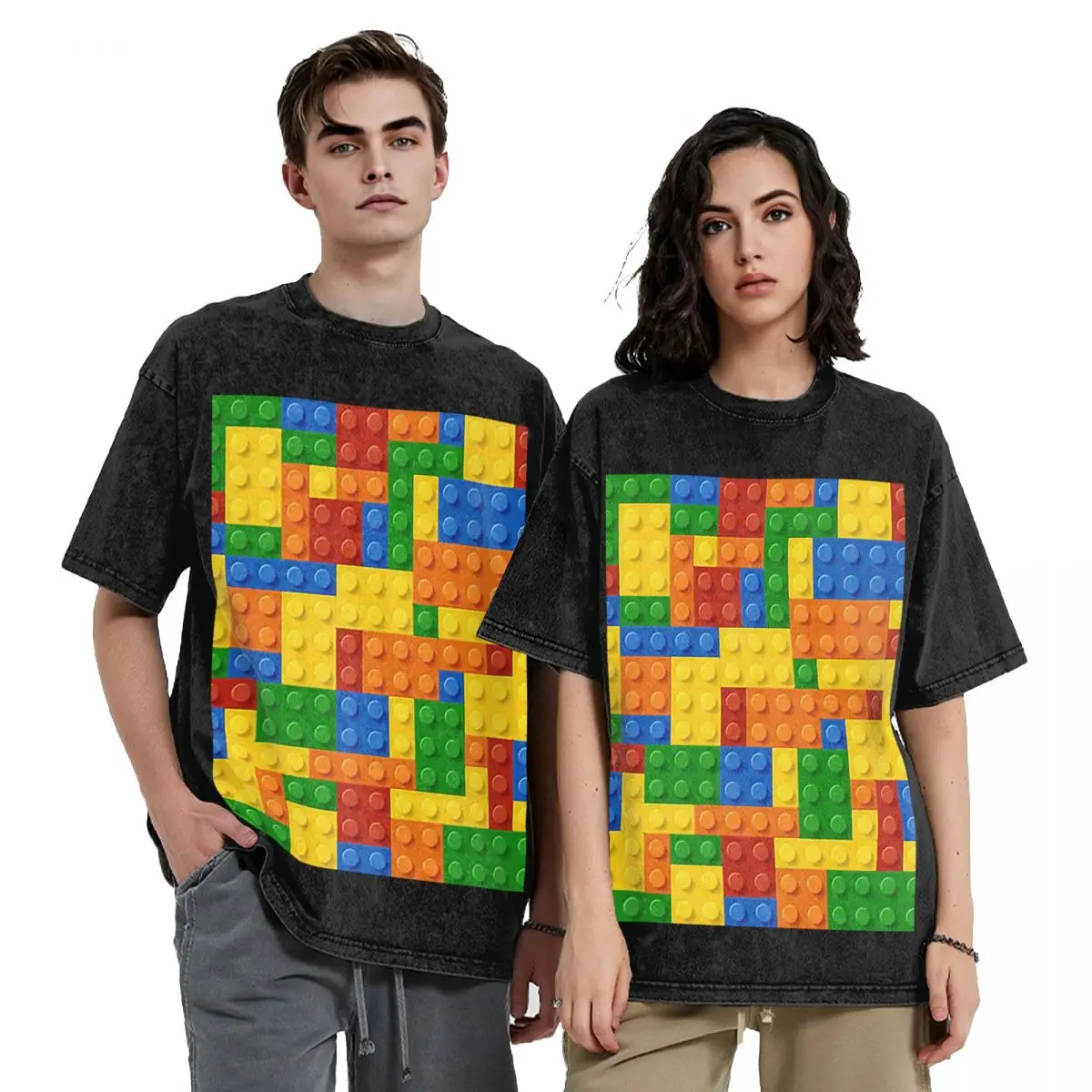 Building Blocks Construction Brick Hip Hop Short Sleeve T-Shirts Washed Tops Tees Streetwear T Shirt Oversized for Men Women