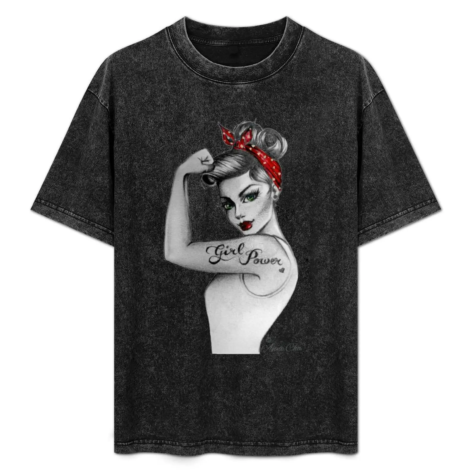 

Girl Power by Anne Cha Pin up Modern Rosie the Riveter T-Shirt Casual Trendy Streetwear Tee Shirt