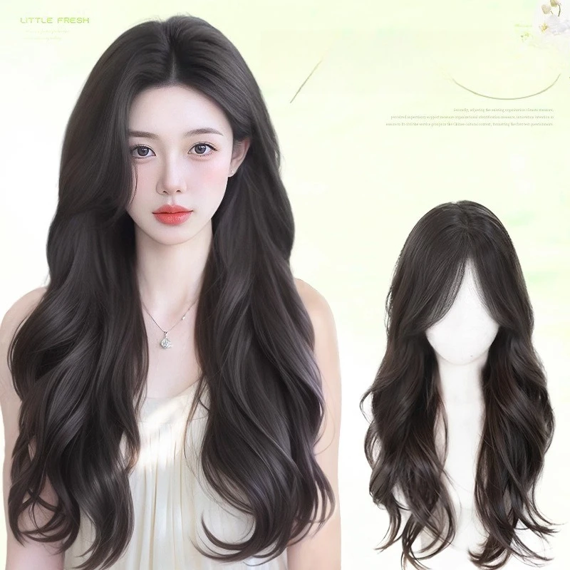Full head synthetic wig women with long wavy hair, realistic natural look, middle part, big waves, suitable for daily occasions