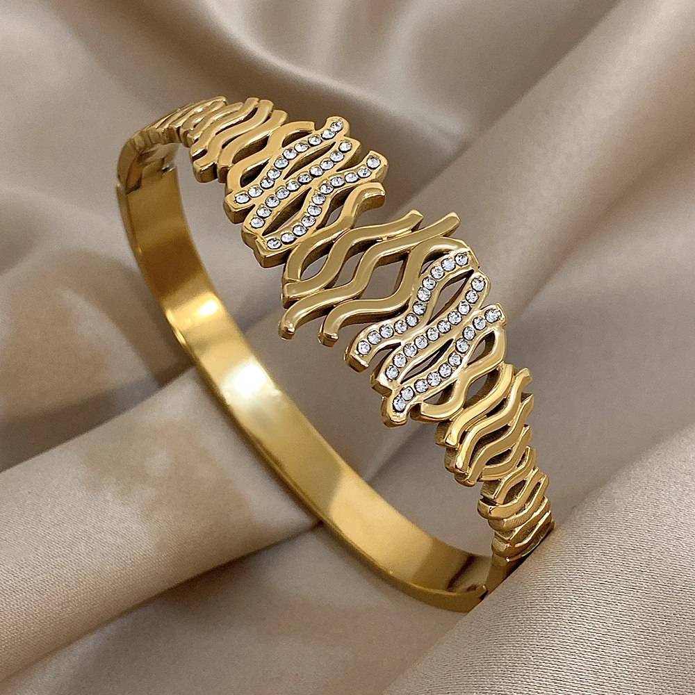

Irregular Rhinestone Wave Stainless Steel Bracelet for Women Stylish Gold Plated Geometric Cuff Bangles Waterproof Jewelry