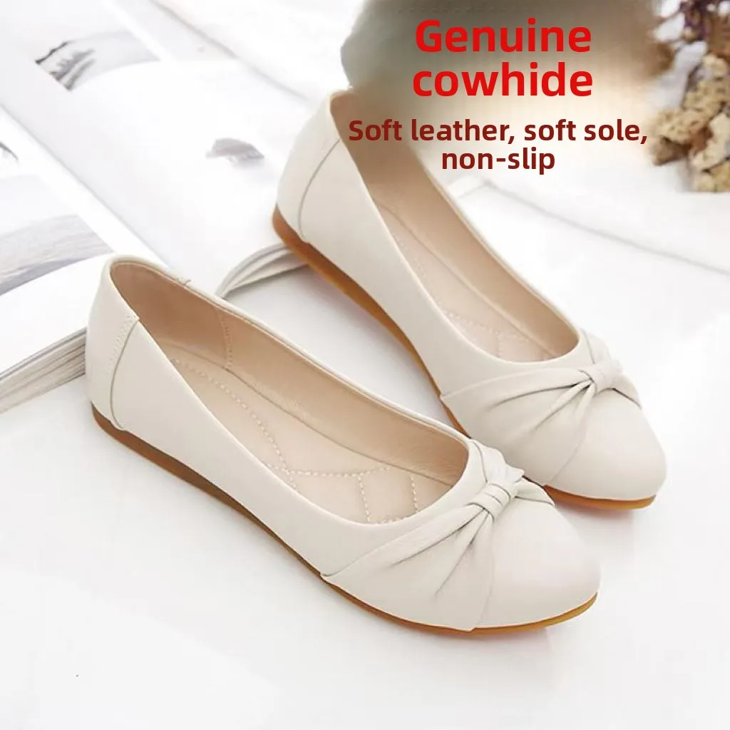 Full Cowhide Leather Work Flat Bottom Shoes Women's Spring Autumn New Style Soft Bottom Bean Bean Shoes Casual round Toe