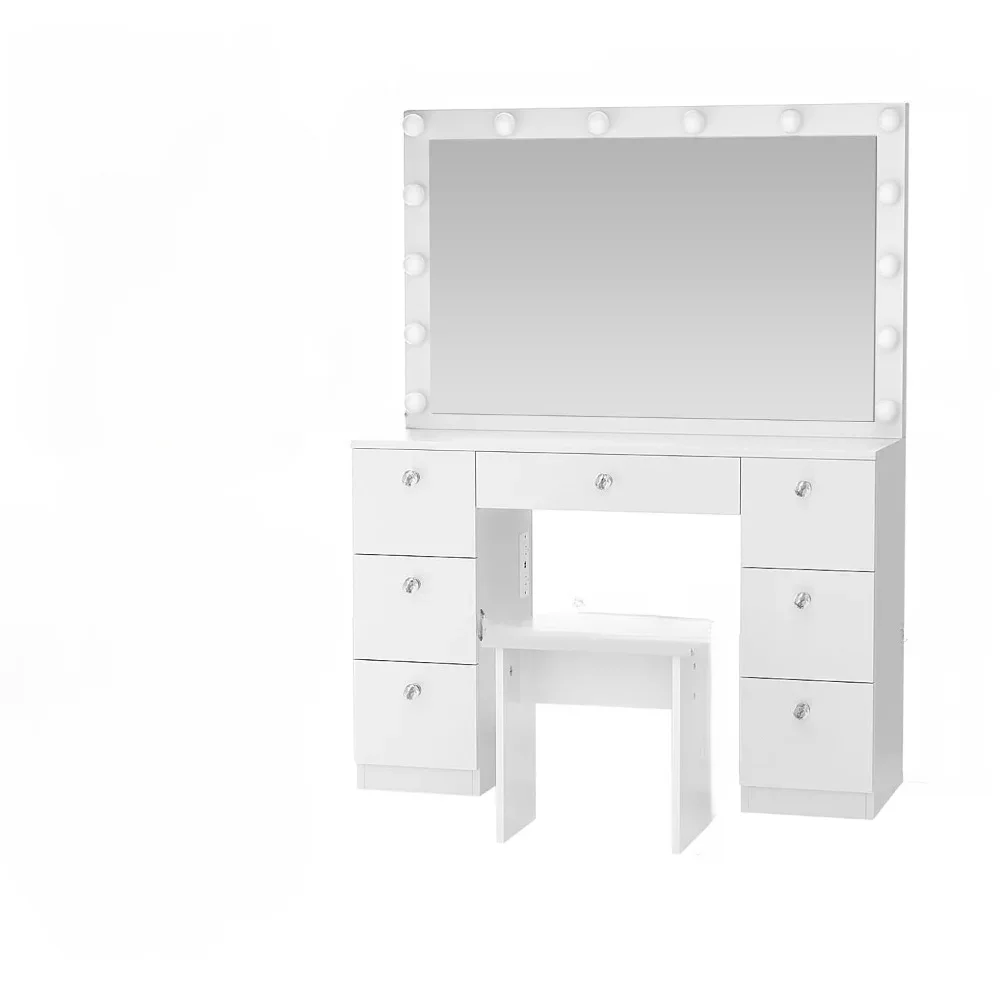 

Dressing table with illuminated mirror, power socket, 7 drawers, 3 lighting modes, padded stool, 44 inch white dressing table