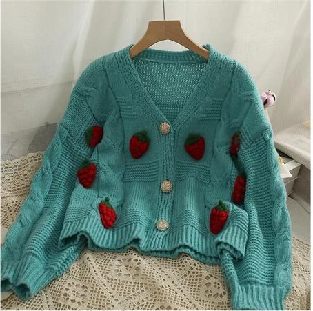 Women Cardigan 3D Strawberry Korean Sweet Autumn Winter Girl Sweater Loose Full Solid V-Neck All-match Small Fresh Girls Sweater