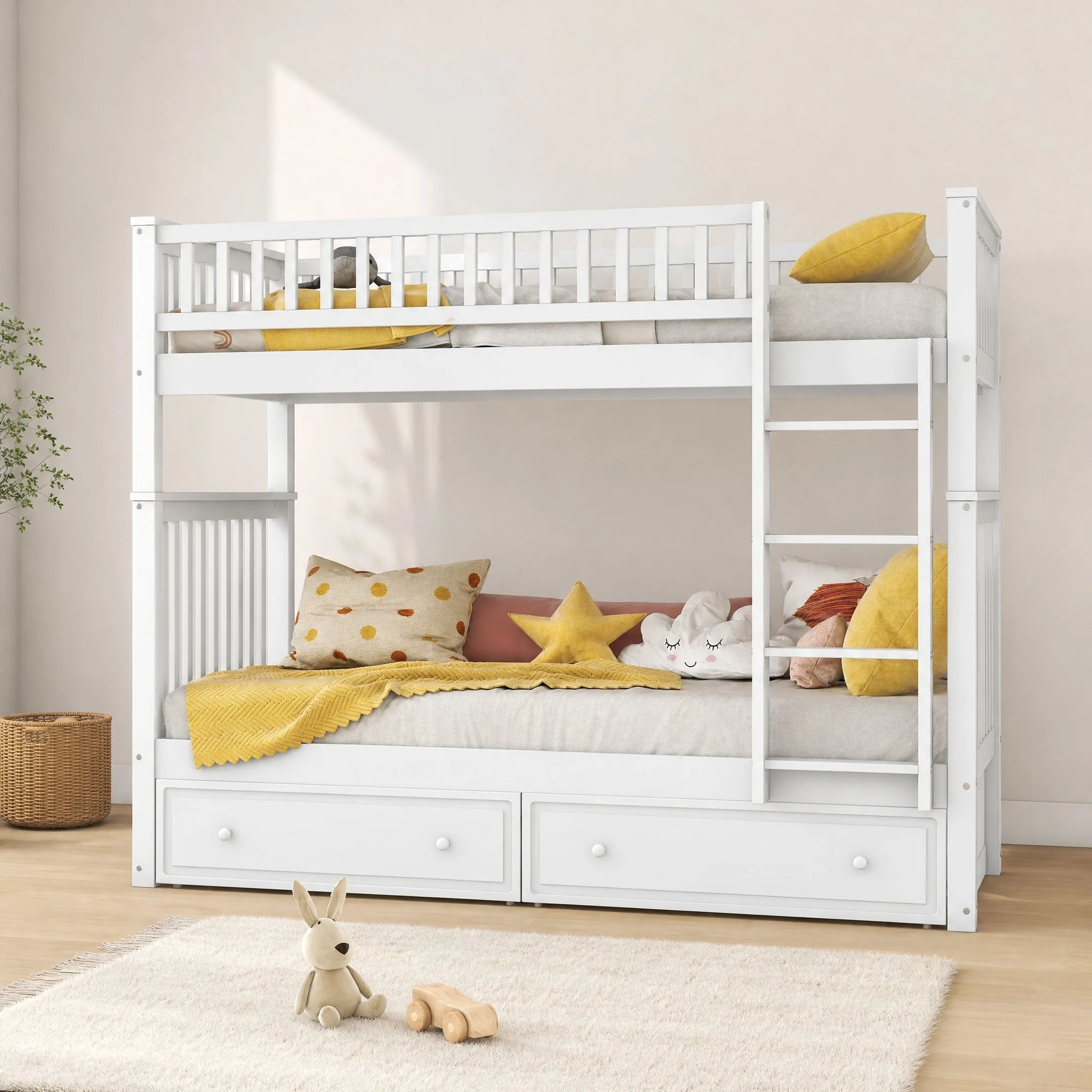 Cama doble de pino blanca de 90x200 cm con cajones, cama infantil convertible.