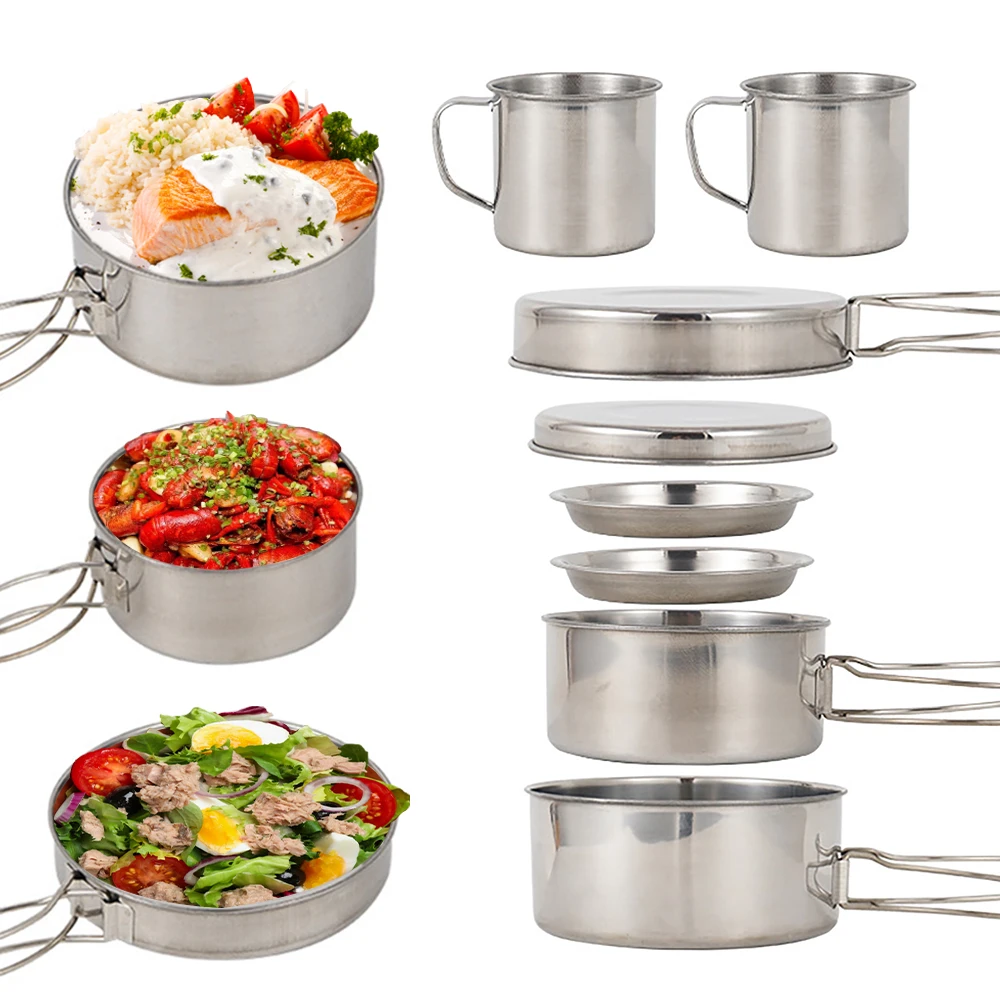 8 Stks/set Camping Kookgerei Mess Kit Roestvrijstalen Kookpot En Pan Set Met Borden Bekers Om Buiten Te Wandelen Backpacken