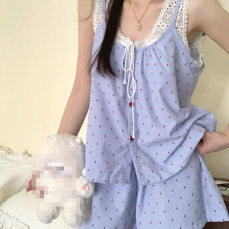 Simple Comfortable Lace Edge Sleepwear for Girls Summer Youth Vest Shorts Set Comfortable Breathable Skin Friendly Home Clothes