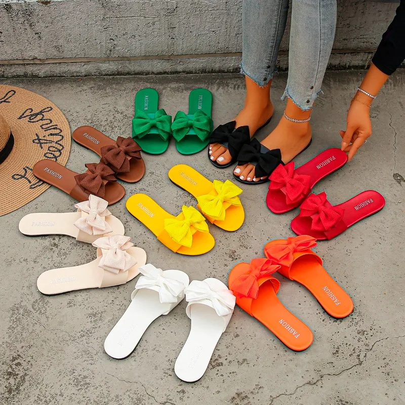 

Женские шлепанцы больших размеров с бантом, летние, новые, с круглым и открытым носком, легкие, на плоской подошве