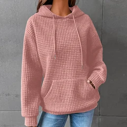 Sudaderas deportivas minimalistas elegantes para mujer, sudaderas holgadas informales de Color sólido, de manga larga con bolsillo y cordón, otoño e invierno, nuevas