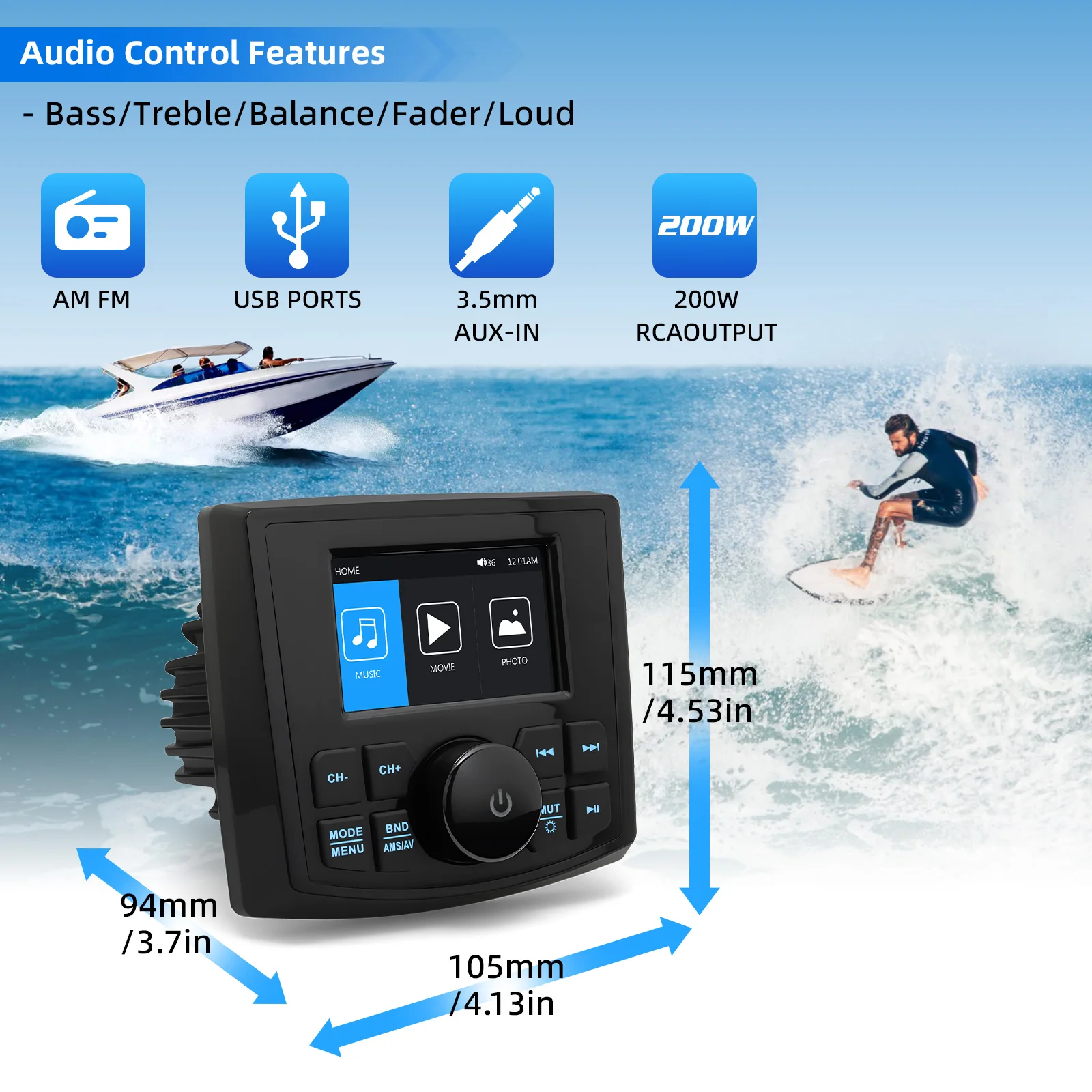  Marine Radio MP5 for ATV UTV SPA RZR Boat Radio Stereo 3inch Display Media Video Player Waterproof Bluetooth-compatible AUX