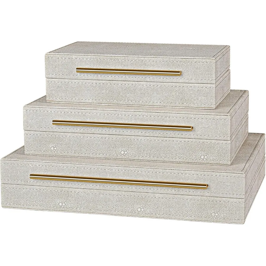 

Elegant Set of 3 Ivory Shagreen Drative Boxes with Velvet Lining and Golden Handles Versatile Home Dr and Jewelry Organizer