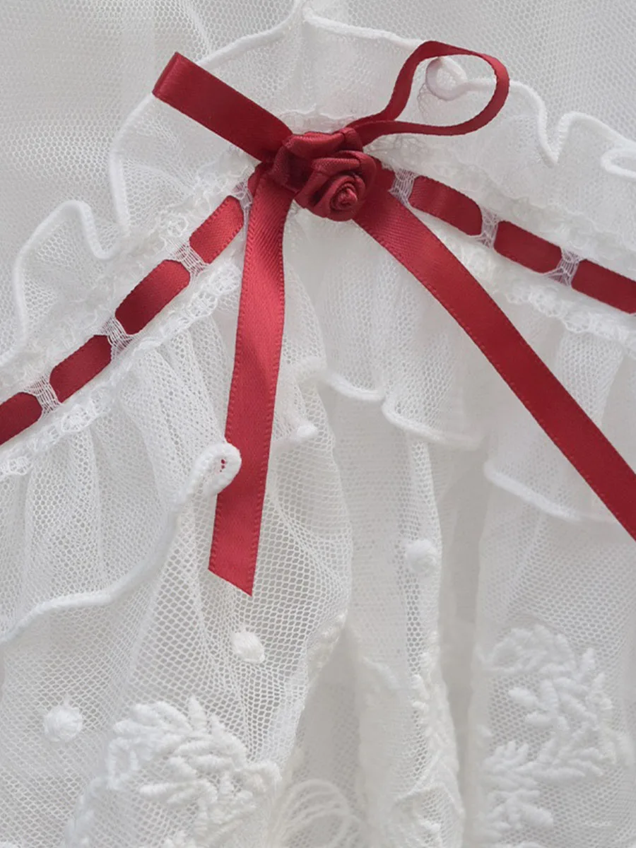 

Нежная японская юбка-трапеция с кружевным узлом и вставками из тюля, идеально подходящая для молодых женщин