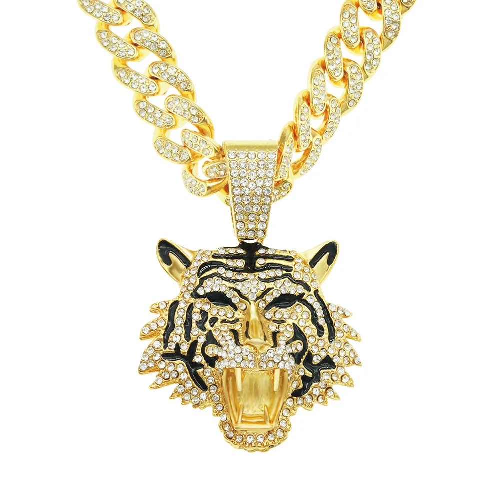 

Cool 3D Painting Oil Tiger Head Pendant Cuban Chain Necklace Trendy Nightclub Personalized Men's Necklace