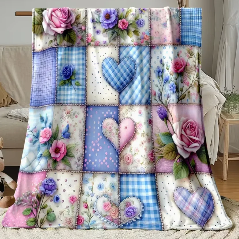Farbenfrohe Patchwork-Blumen-Quiltdecke, Weiche Polyester-Wurfdecke mit Modernem Geometrischem Muster für Ganzjahres-Komfort, Ideal für Wohndekoration – Detail 2