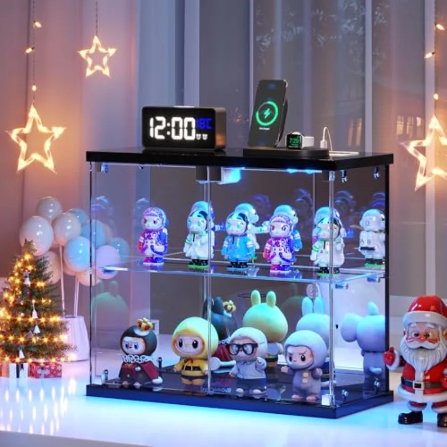 2pc Glass Display Case with LED Lights for Collectible Figures: Clear Tempered Glass, Black Frame, Adjustable Shelves, Soft Glo view 2