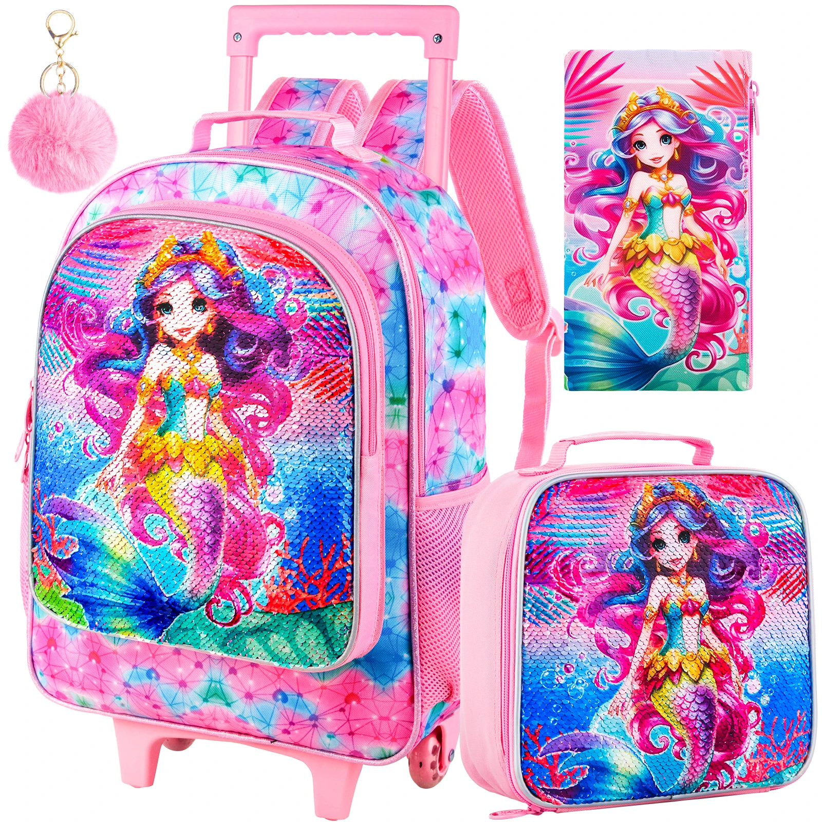 Rolling Backpack for Girls Boys, Kids Roller Wheels School Bookbag with Lunch Bag, Wheeled School Bag for Children